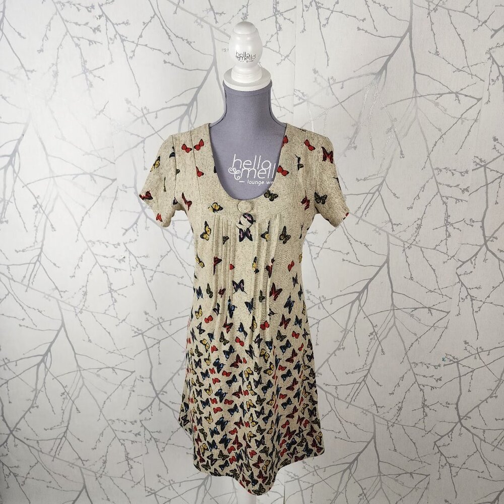 Purplish London Butterflies Print Scoop Neck Pleated Flowy Dress